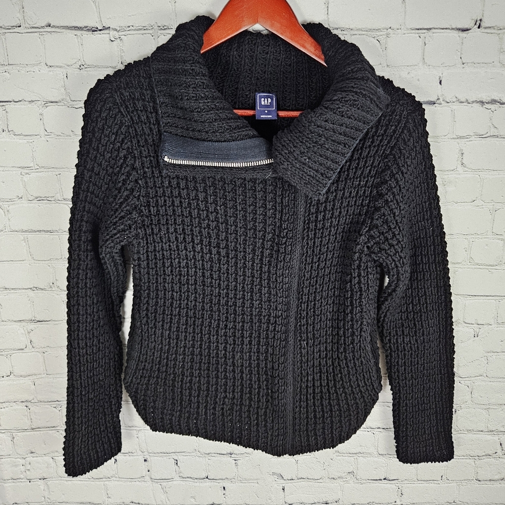 GAP | chunky heavy cable knit high mock neck asymmetrical zip moto sweater